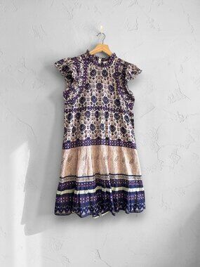 Sea New York Brigitte Border Mini Dress S NWT Violet Cotton Ruffle Mock Neck